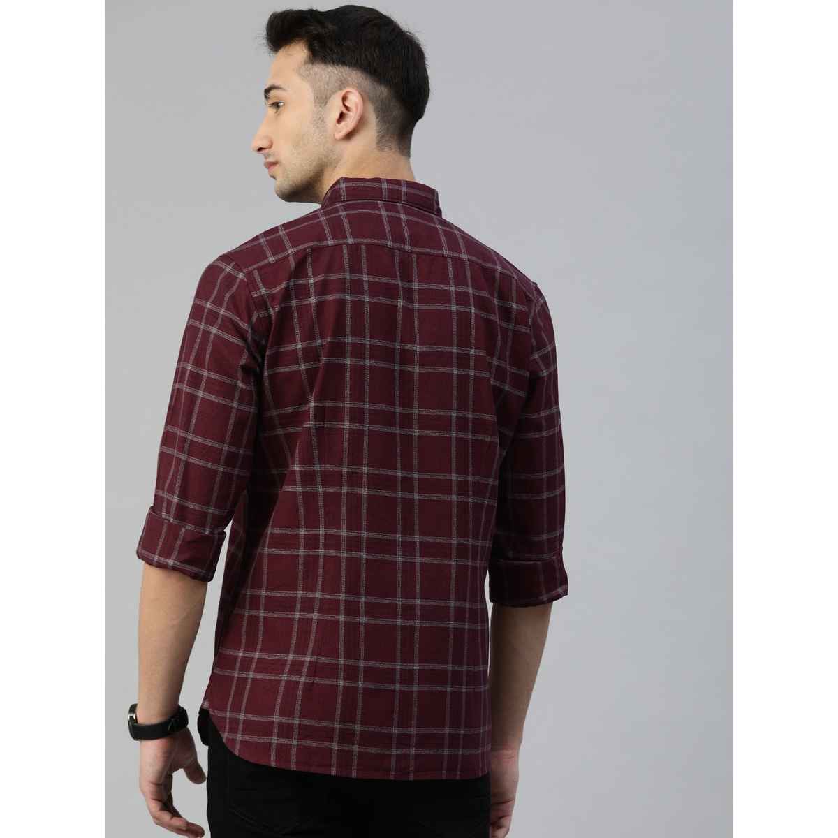 The Bear House Men Slim Fit Checked Button-Down Casual Shirt - Andreas | Maroon | L