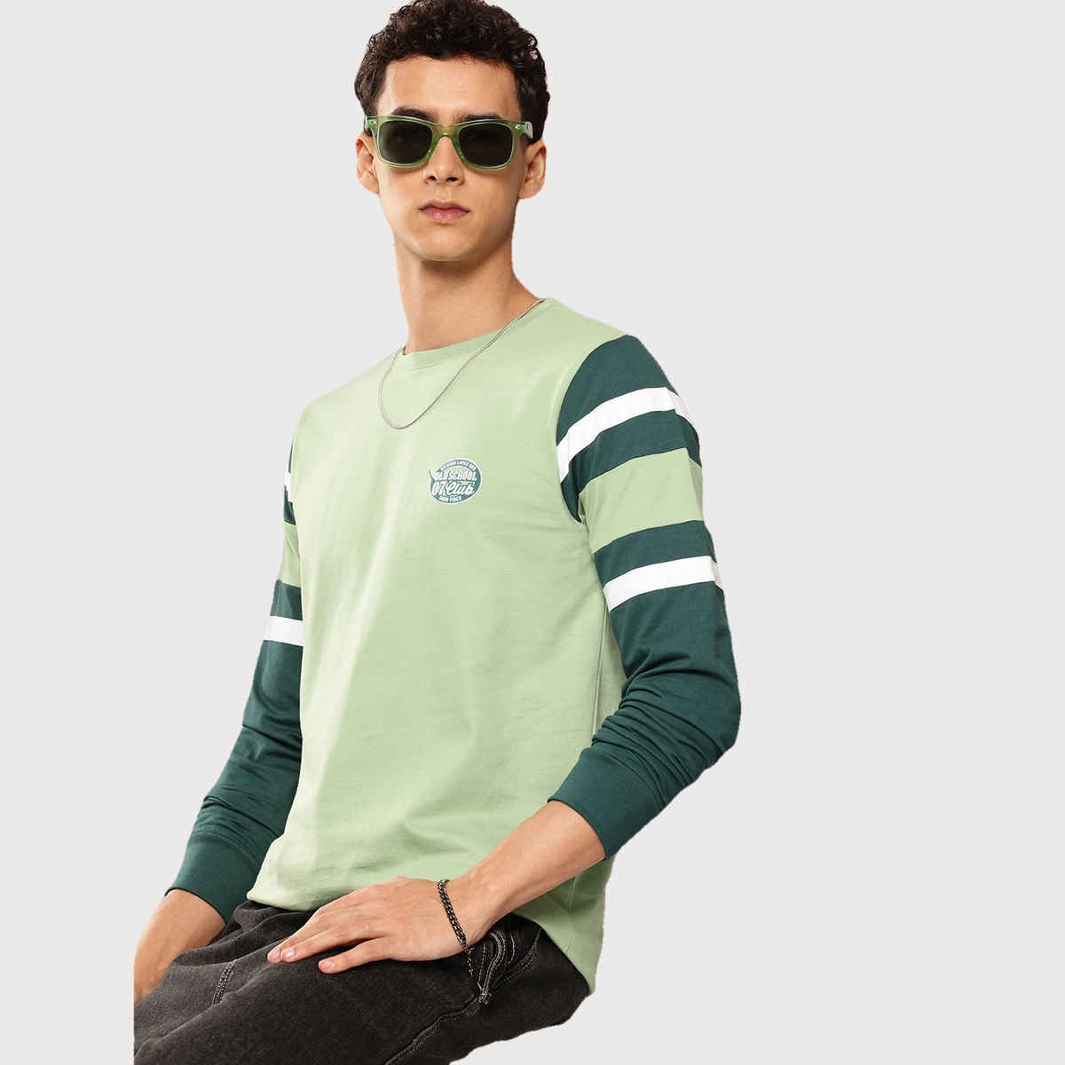 Dillinger Men's T-shirt Long Sleeve Colourblocked Striped Typography | Green - 2XL