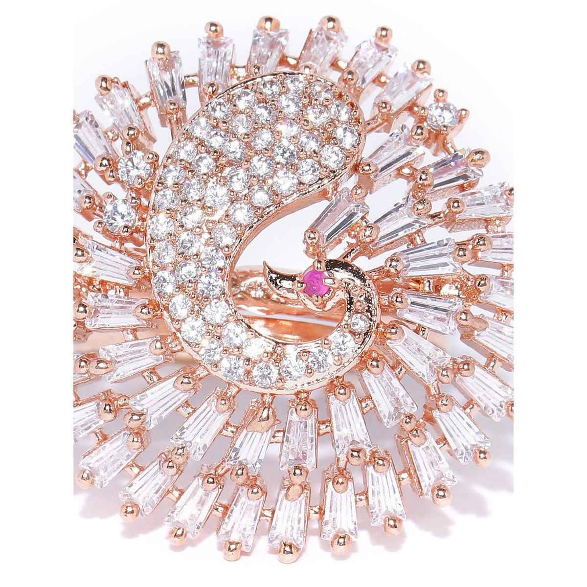 Priyaasi Bird Feathers-Rose Gold-Plated Peacock Adjustable Ring Studded With American Diamond