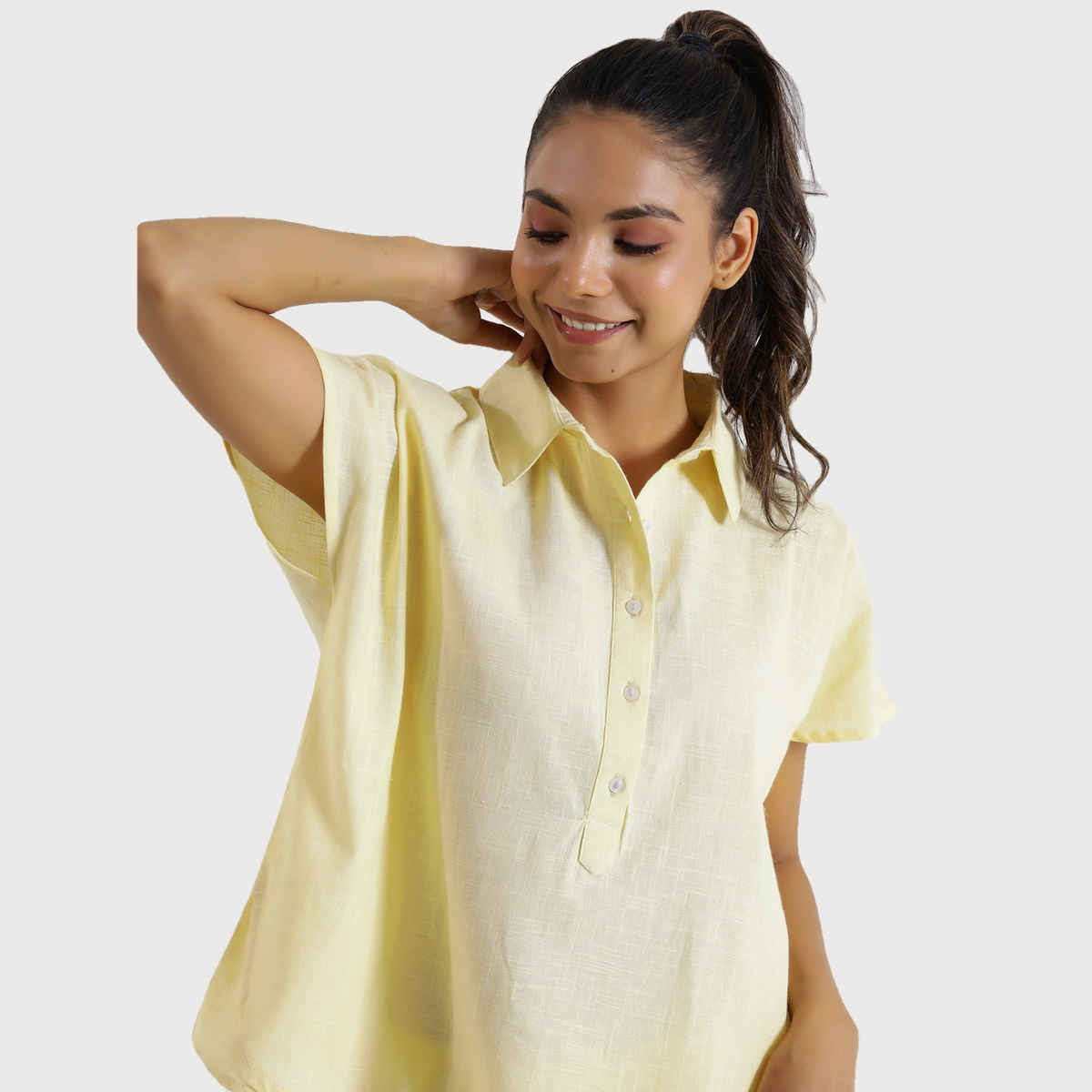Sanskrutihomes Pure Cotton Shirt Collar Night Suit | Yellow | S