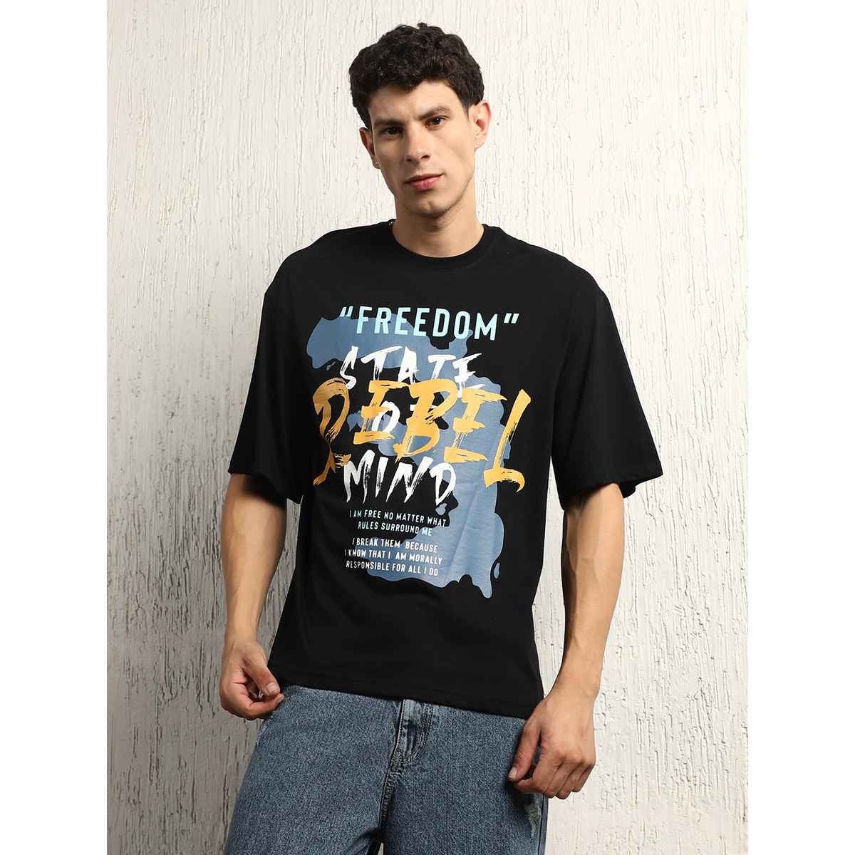 Hubberholme Men's Typography Printed Round Neck Oversized T-shirt | Black - S