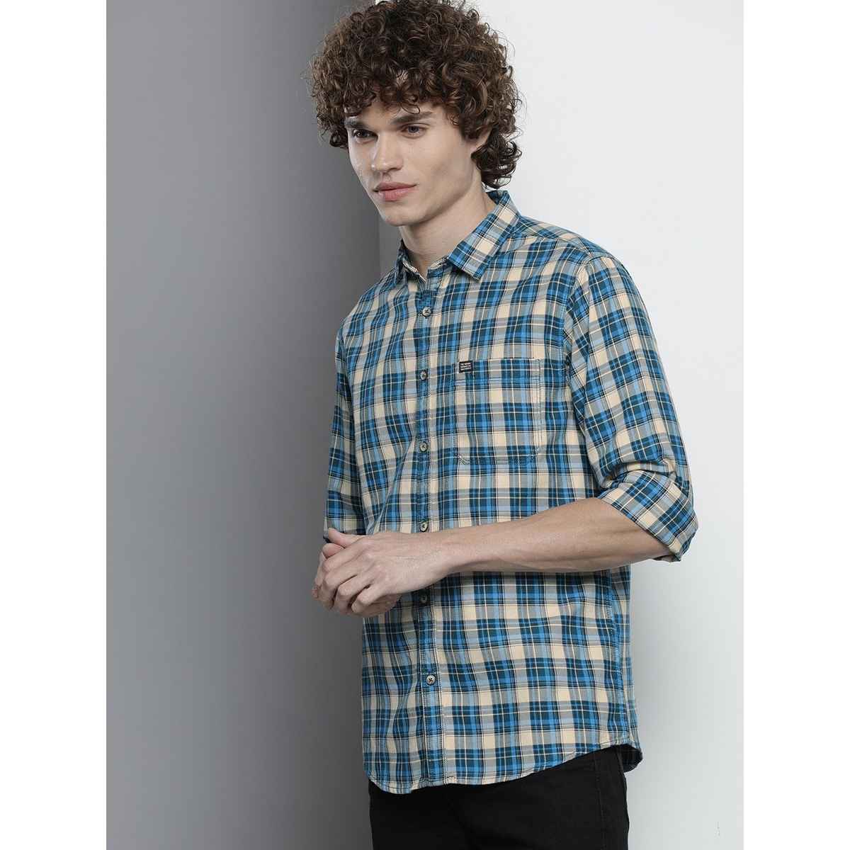 The Indian Garage Co Men's Slim Fit Checkered Casual Shirt | Blue - S