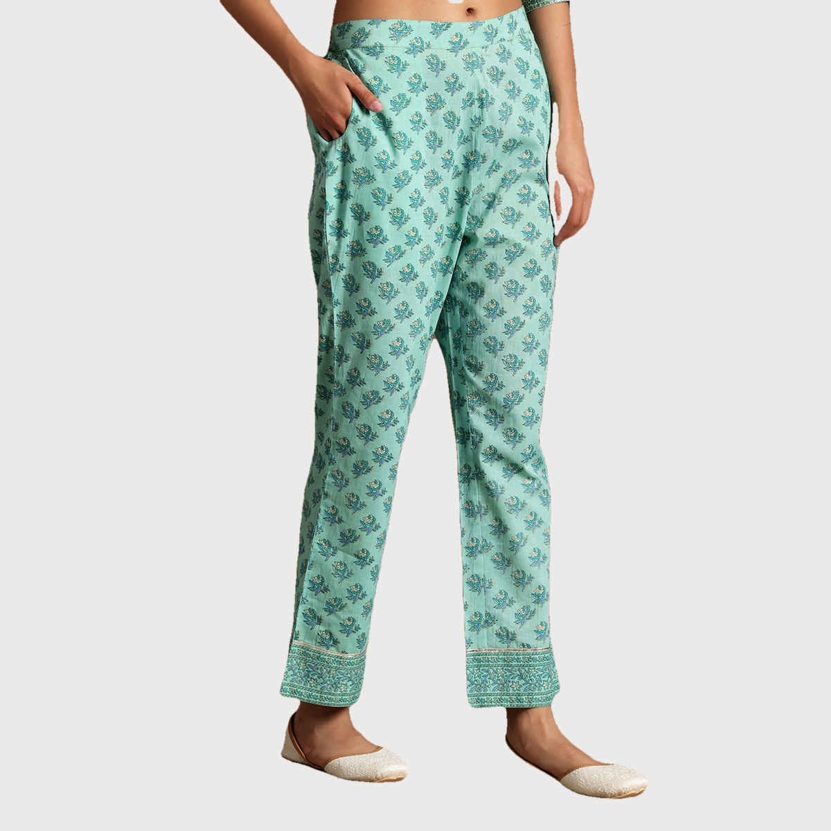 Libas Women's Turquoise Printed Cotton A-Line Kurta With Palazzos & Dupatta | S