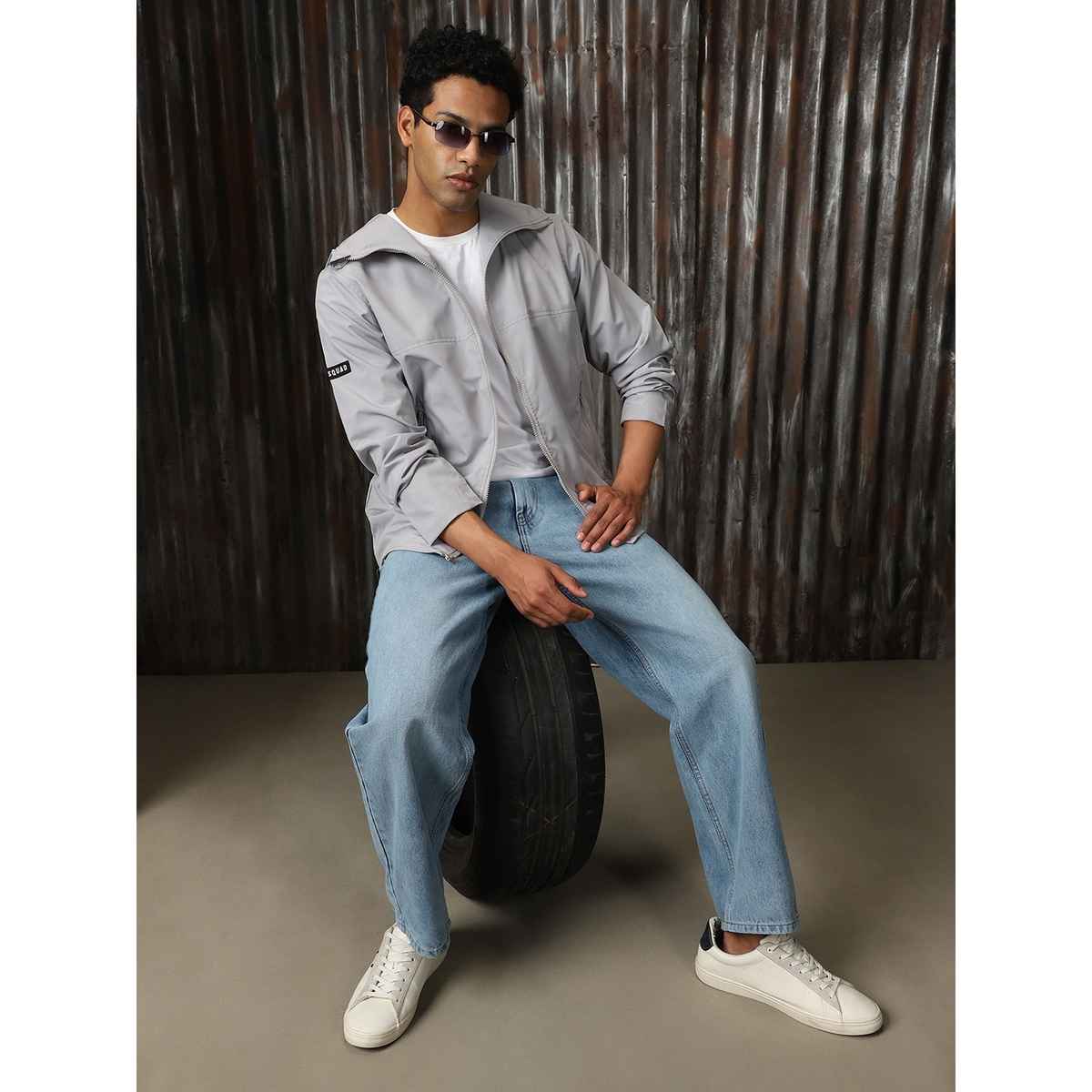 High Star Men's Windcheater Light Winters Hooded Bomber With Badge Detail Jacket | Gray - S