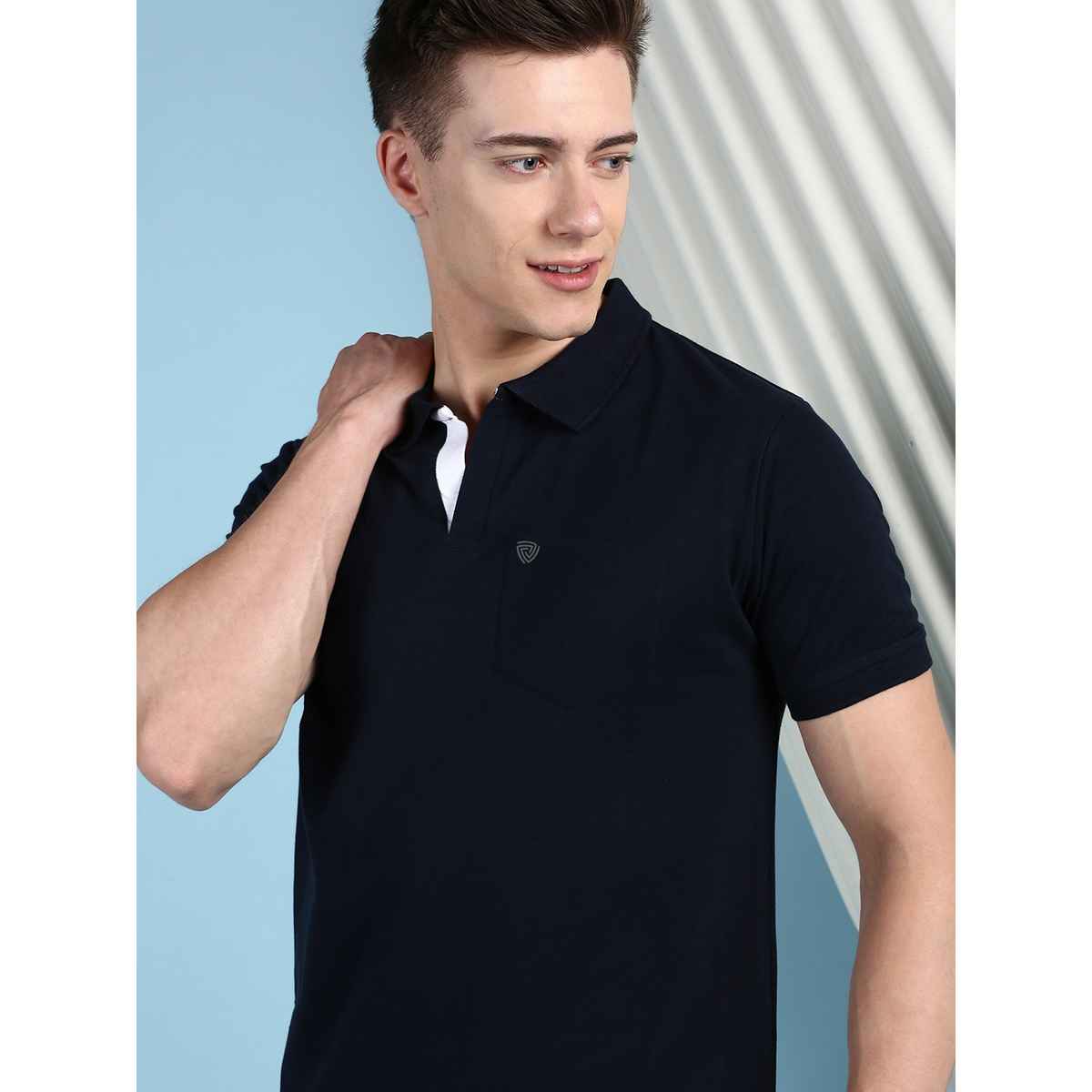 Lux Cozi Men's Solid Cotton Polo T-shirt with Pocket | Navy - L