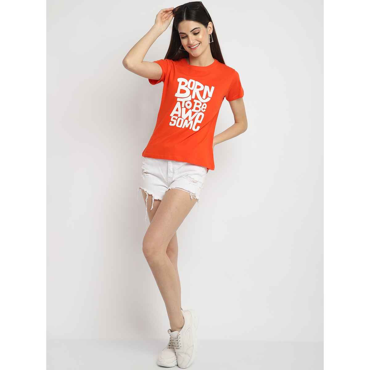 Fabflee Women Regular Cotton Printed Round Neck Tshirt | Orange | FAB-WT-44 | L