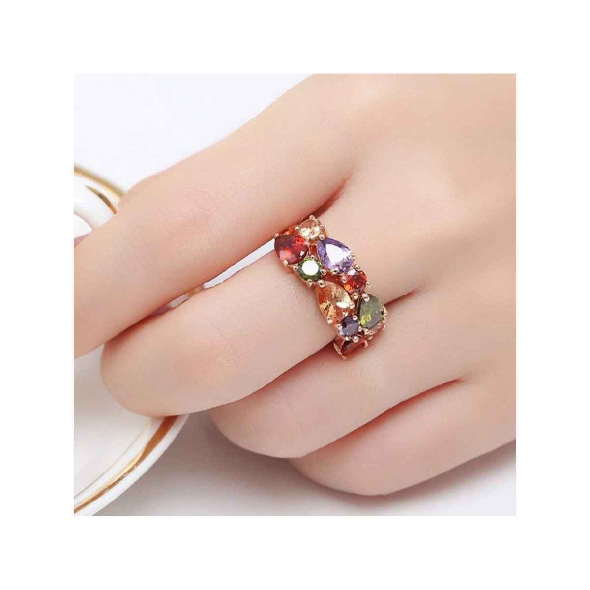 YouBella Rose Gold Plated Solitaire AAA Multicolor Crystal Ring for Women & Girls (YBRG - 20033)