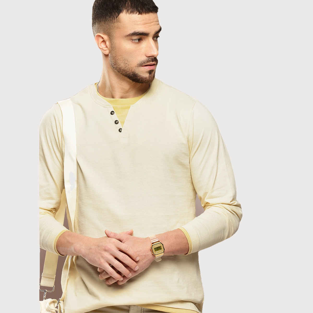 Dillinger Men's Long Sleeve Airtex Fabric Round & V Neck T-shirt | White - L