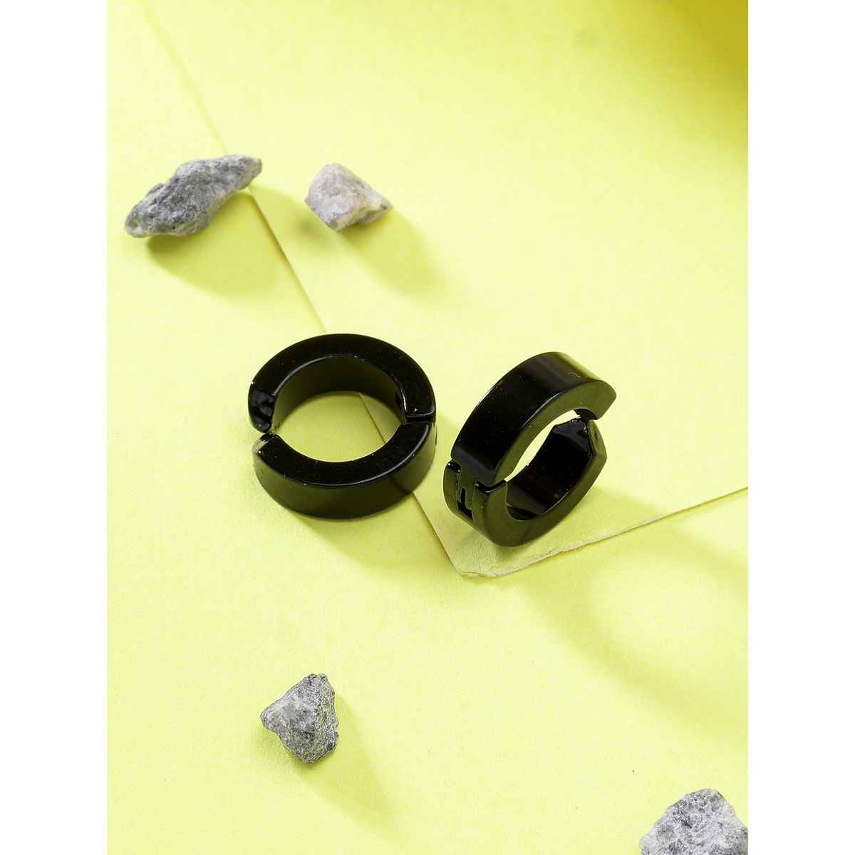 NVR Men's Black Rhodium-plated Stainless Steel Hoop Earrings | NVR2605