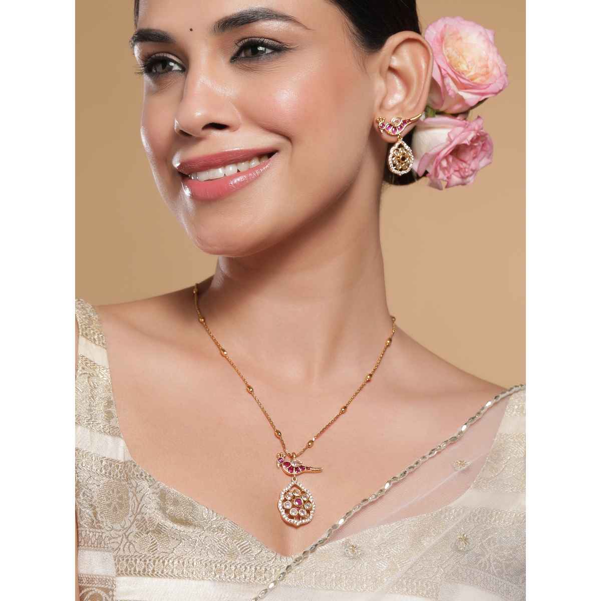 Rubans 22K Gold-Plated Ruby & Kundan with Zicronia Studded Peacock Design Necklace Set