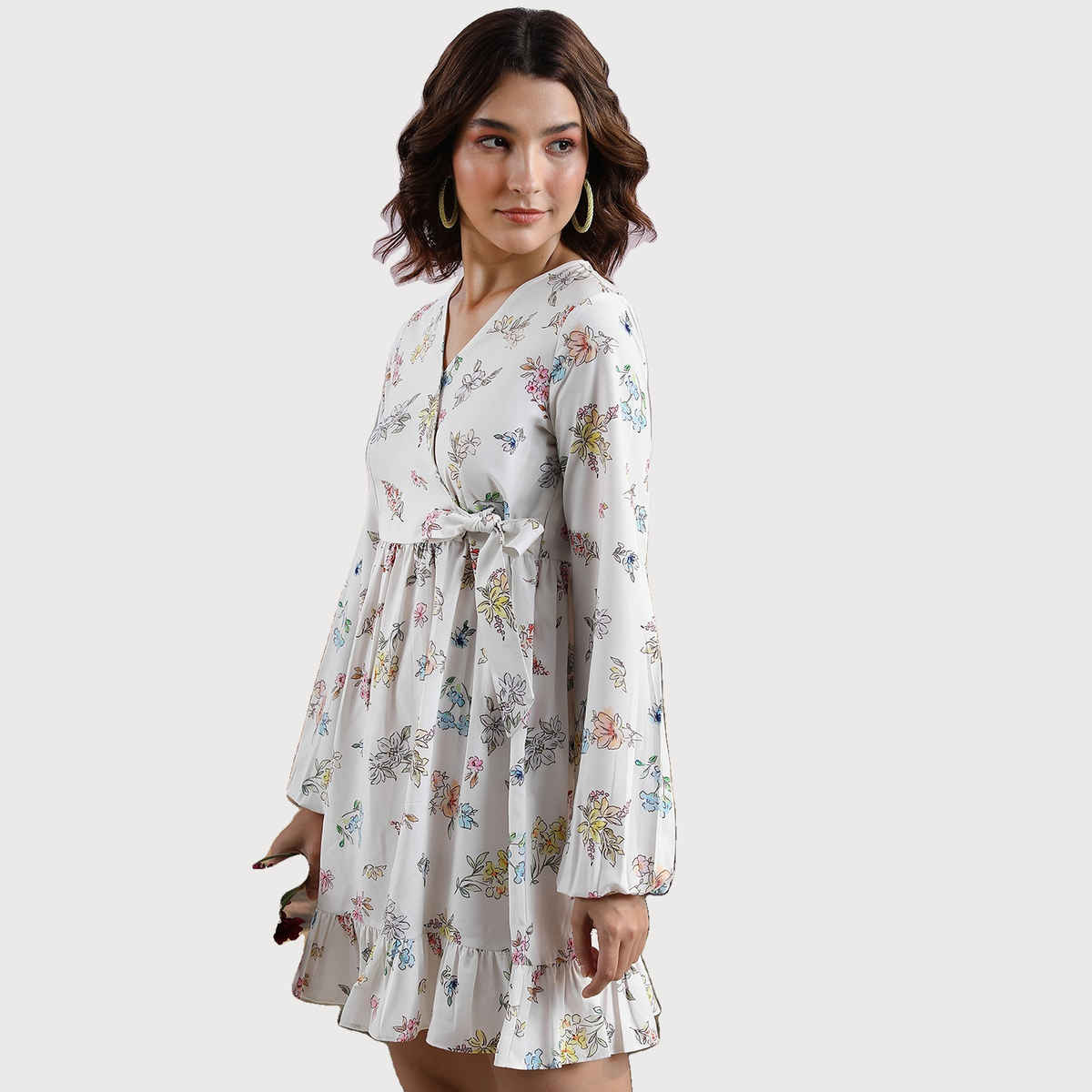 Ketch Women's Floral Printed Cuffed Sleeve Ruffled Wrap Dress | Off White | M