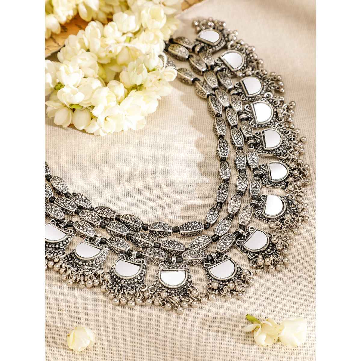 Rubans Silver-Plated Multilayer Mirror Necklace with Intricate Beaded Detailing