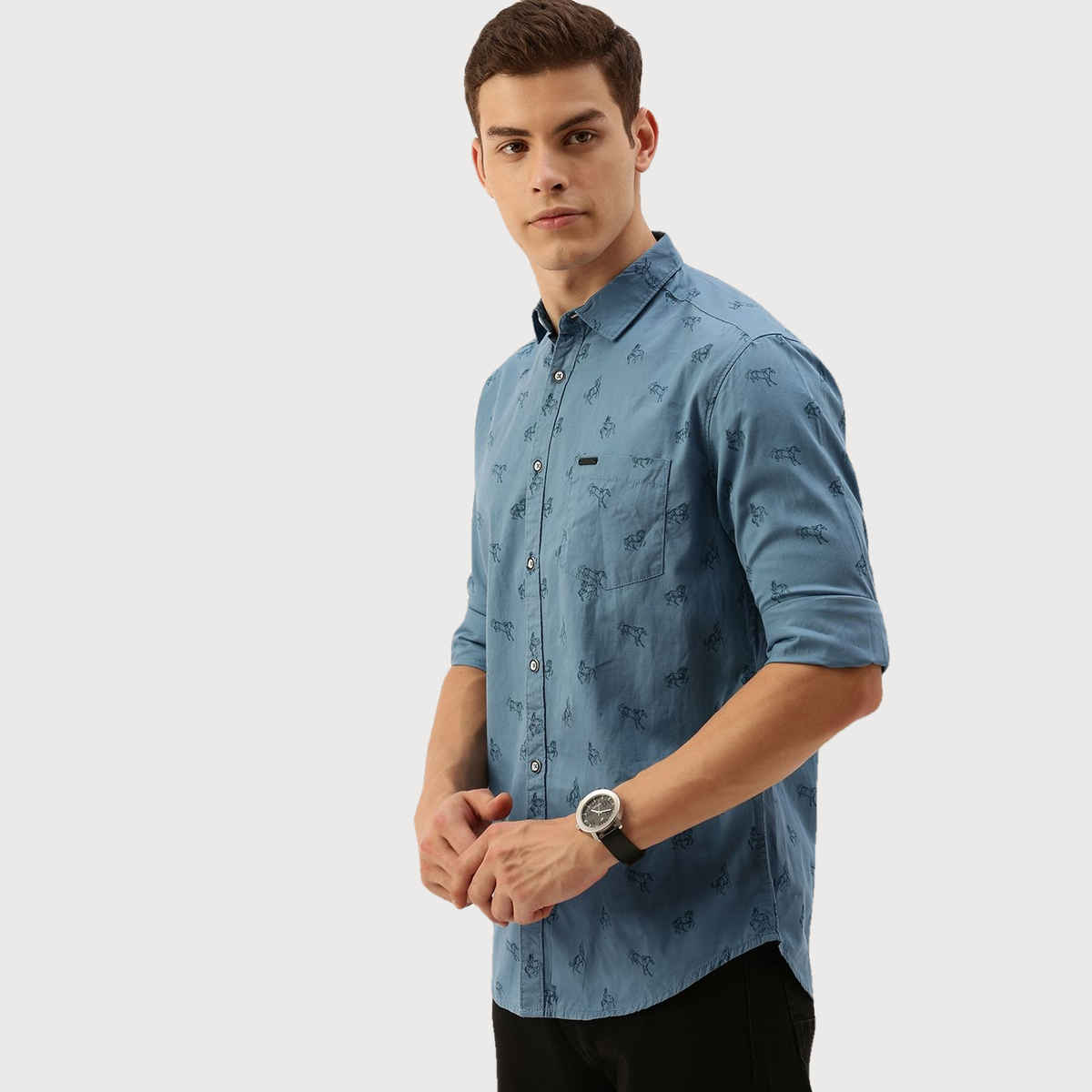 The Indian Garage Co Men's Slim Fit Graphic Casual Shirt | Teal - S