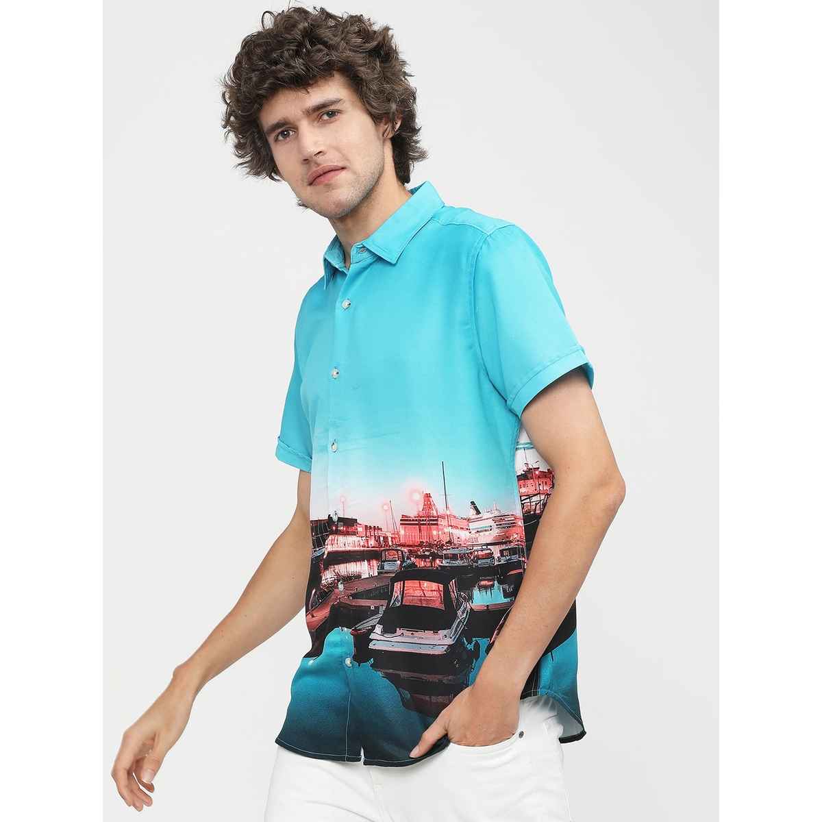 Highlander Men's Printed Slim Fit Casual Shirt - Light Blue and Navy Blue | L