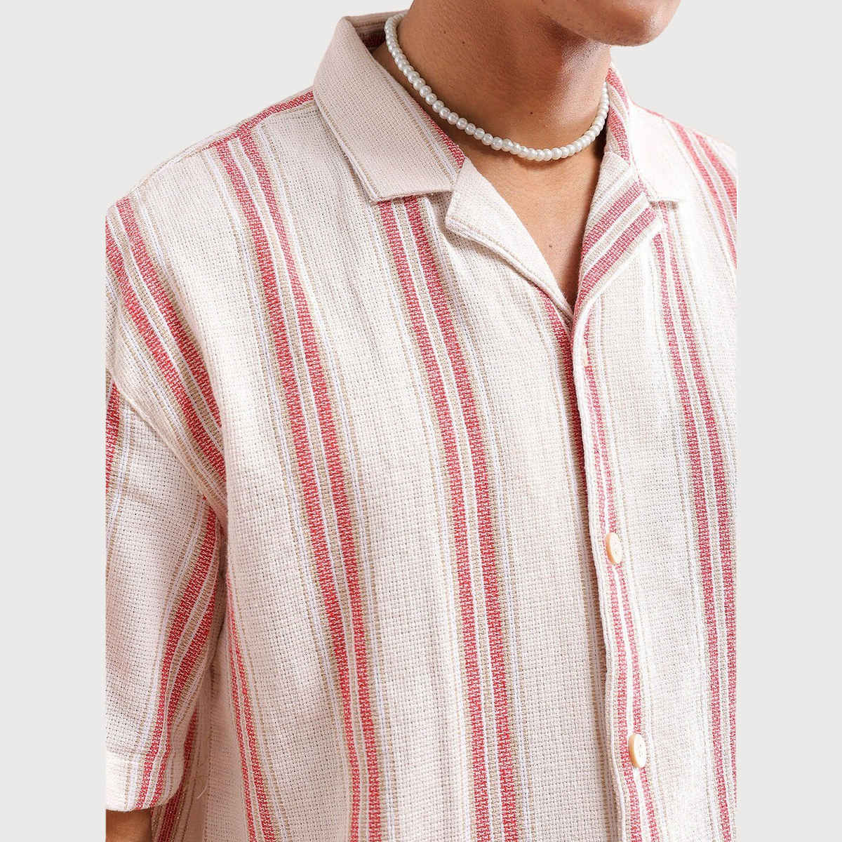 The Indian Garage Co Men's Relaxed Fit Striped Resort Half Sleeve Shirt | Cream - M