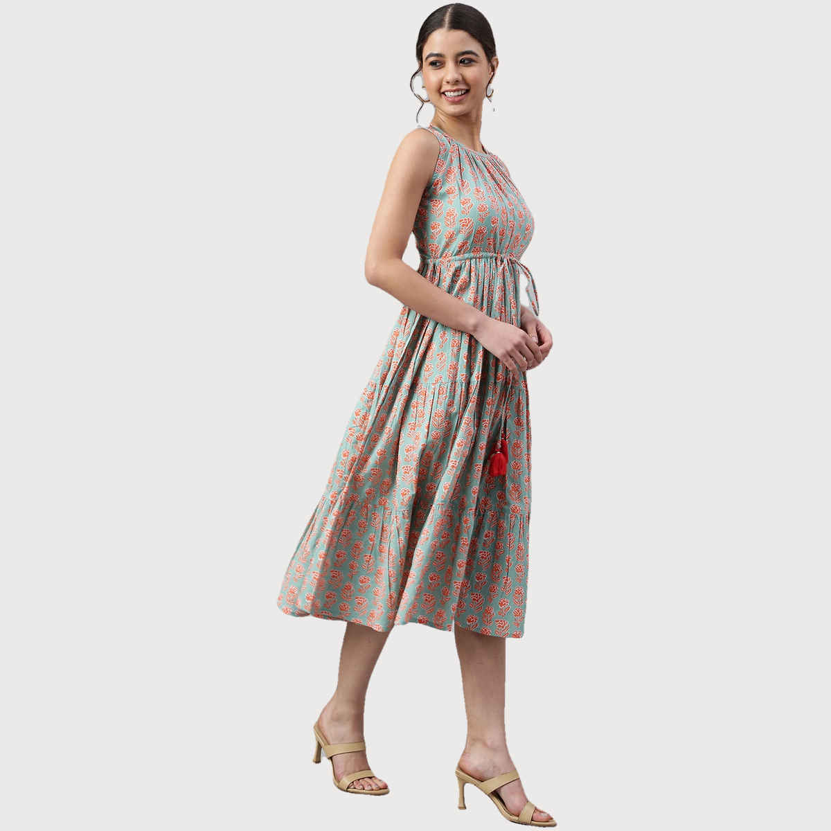 Janasya Women s Mint Green Pure Cotton Floral Block Print Tiered Western Dress - JNE3961-DR - M