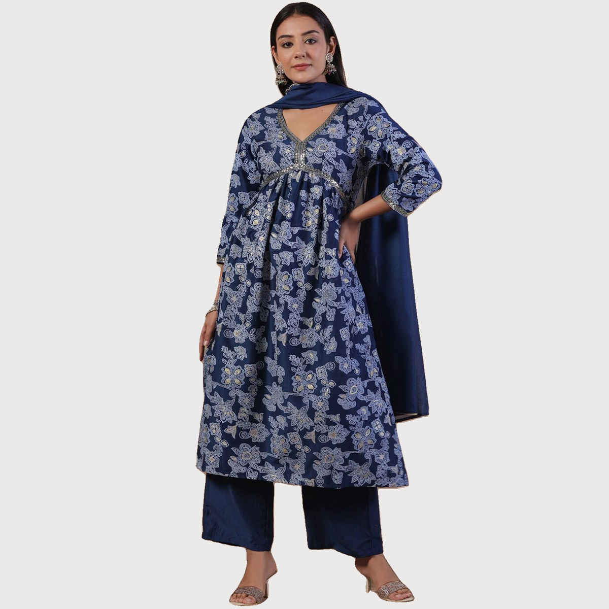 Ishin Women Straight Ethnic Poly Silk Kurta Set | INWSDAW231152 | Navy - M