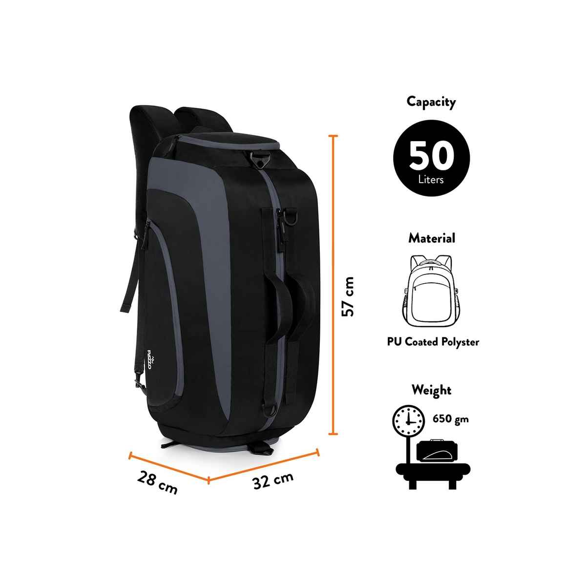 Pazzo Jake 50L Duffel Bag | 3-in-1 Gym | Travel & Backpack | Convertible with Spacious Storage