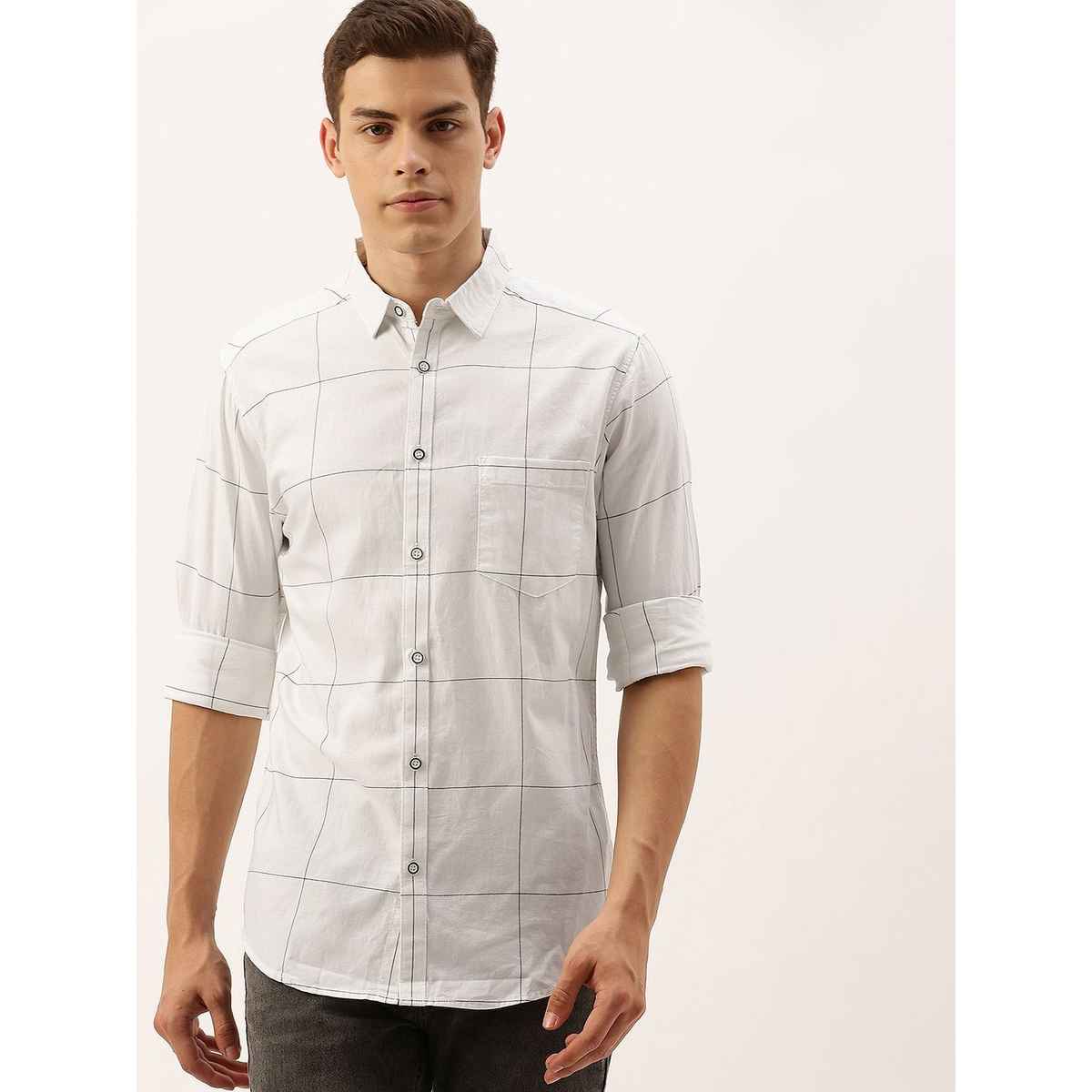 The Indian Garage Co Men's Slim Fit Checkered Casual Shirt | White - M