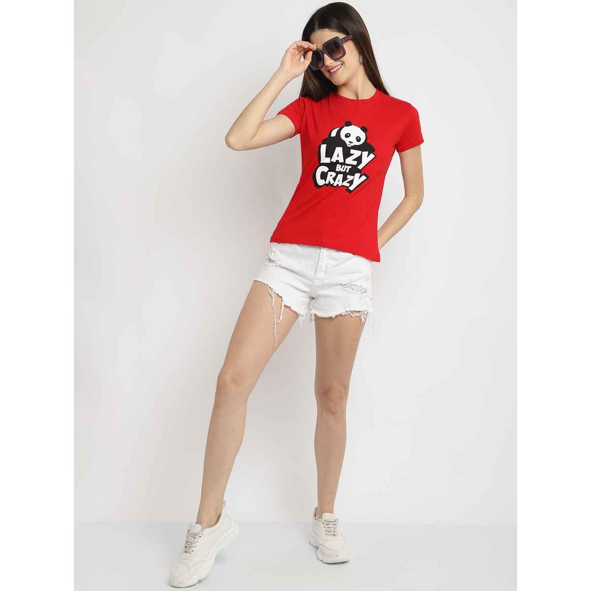 Fabflee Women Regular Cotton Printed Round Neck Tshirt | Red | FAB-WT-37 | M