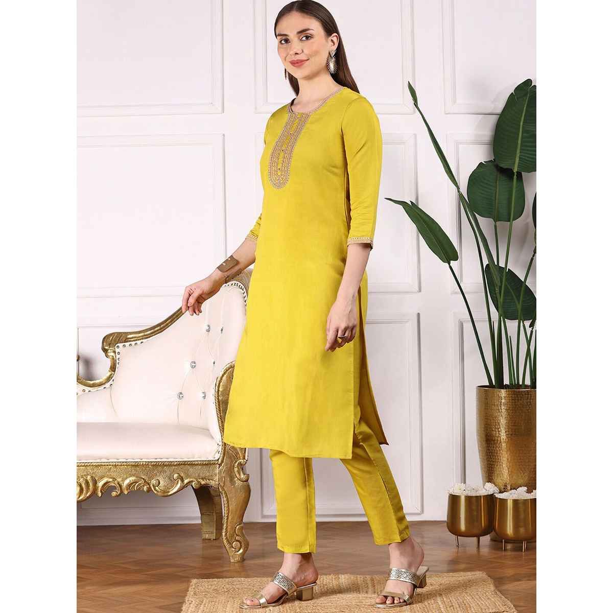 Ishin Women Kurta Set with Dupatta | INWSDS24158 | Yellow Viscose Silk - L