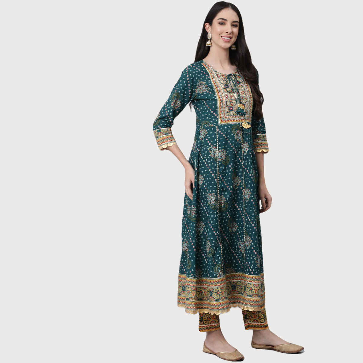 Anubhutee Women's Ethnic Motifs Printed Cotton Kurta with Trousers & Dupatta | Teal - L