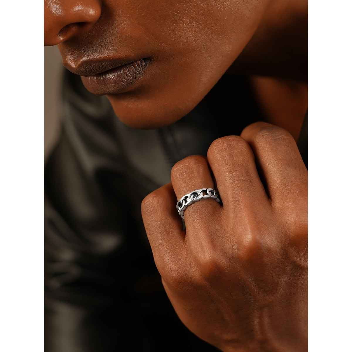 Rubans Silver-Plated Chain Texture Oxidised Adjustable Finger Ring