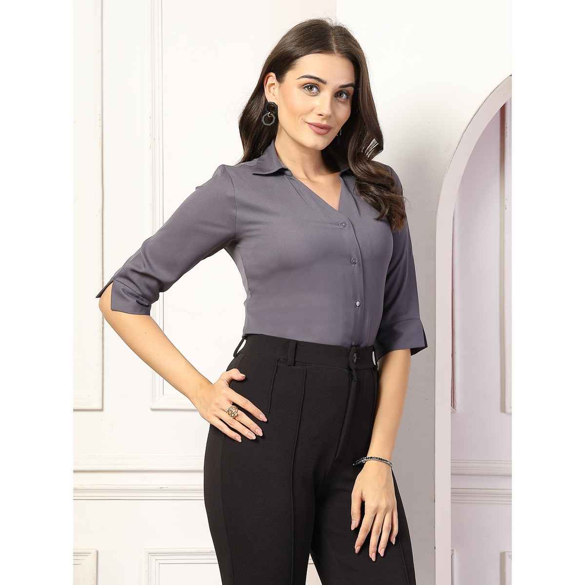 Style Quotient Women Solid Polymoss Regular Casual Shirt | L | AW24SQARTI - Grey