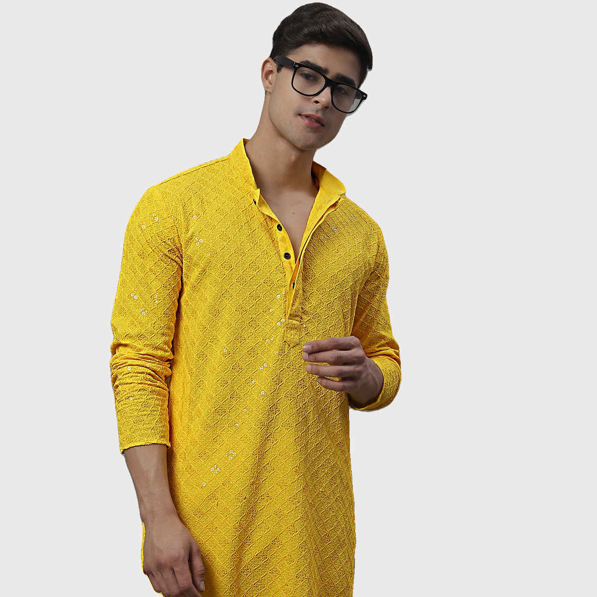 Jompers Embroidered and Sequence Kurtas for Men s | KO 695 Yellow | XL