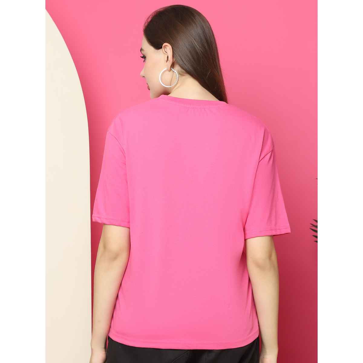 Fabflee Women Oversize Cotton Printed Round Neck Tshirt | Pink | FAB-OS-522 | M