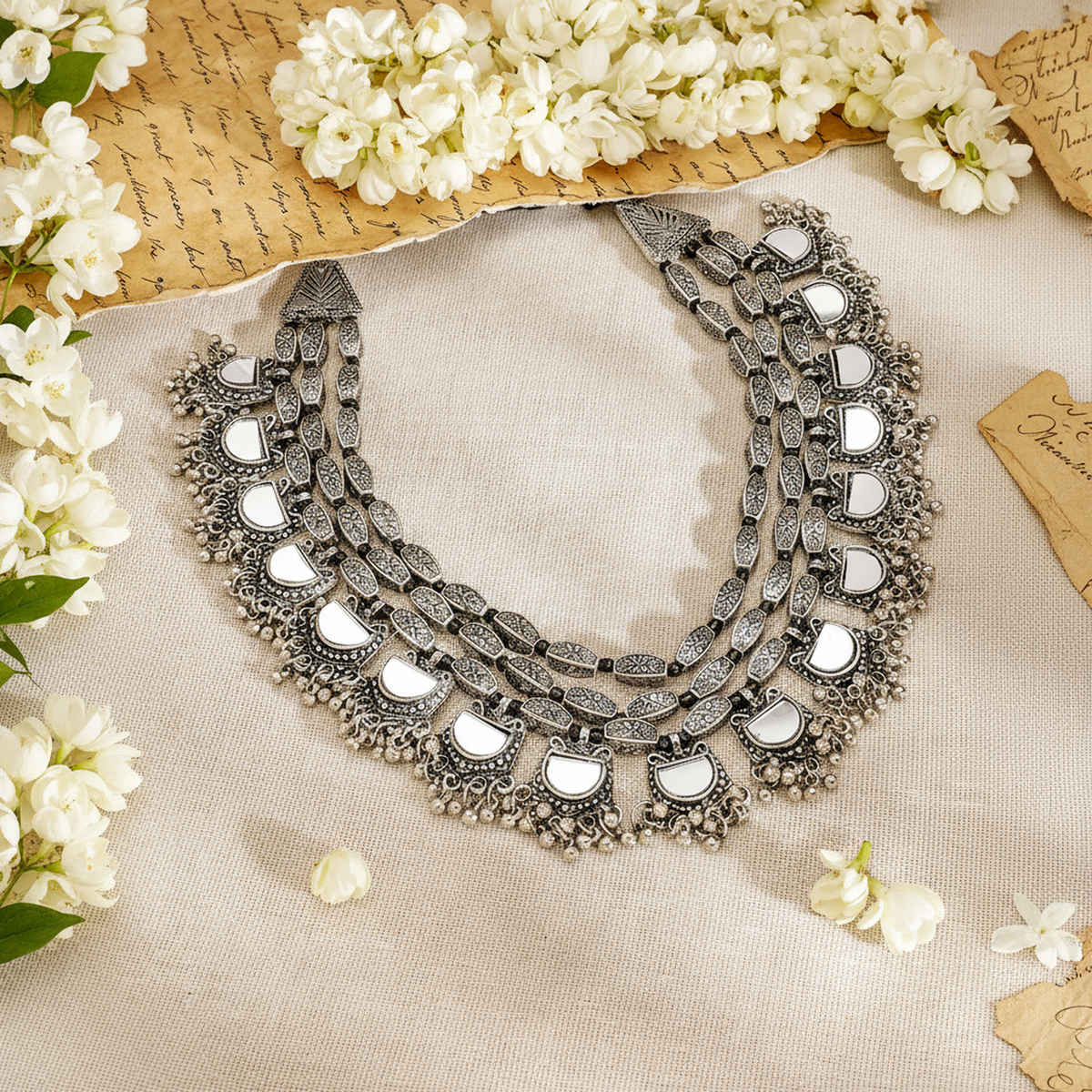 Rubans Silver-Plated Multilayer Mirror Necklace with Intricate Beaded Detailing