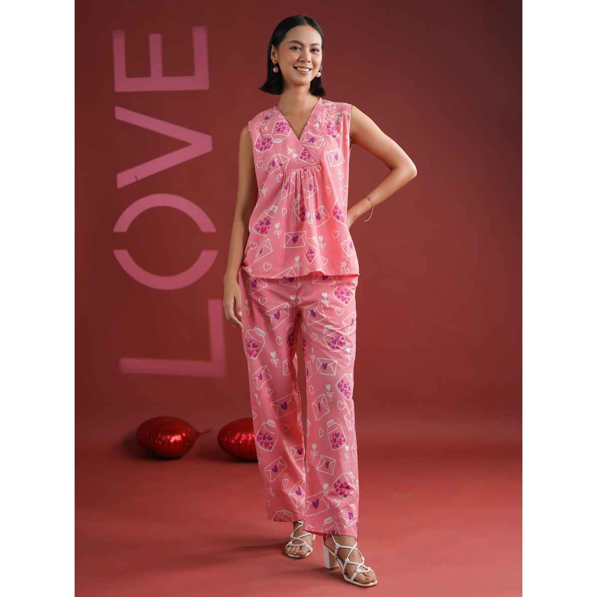 Sanskruti Homes Women's Pink V-neck Printed Cotton Night Suit | Se-nsp-846 | XL
