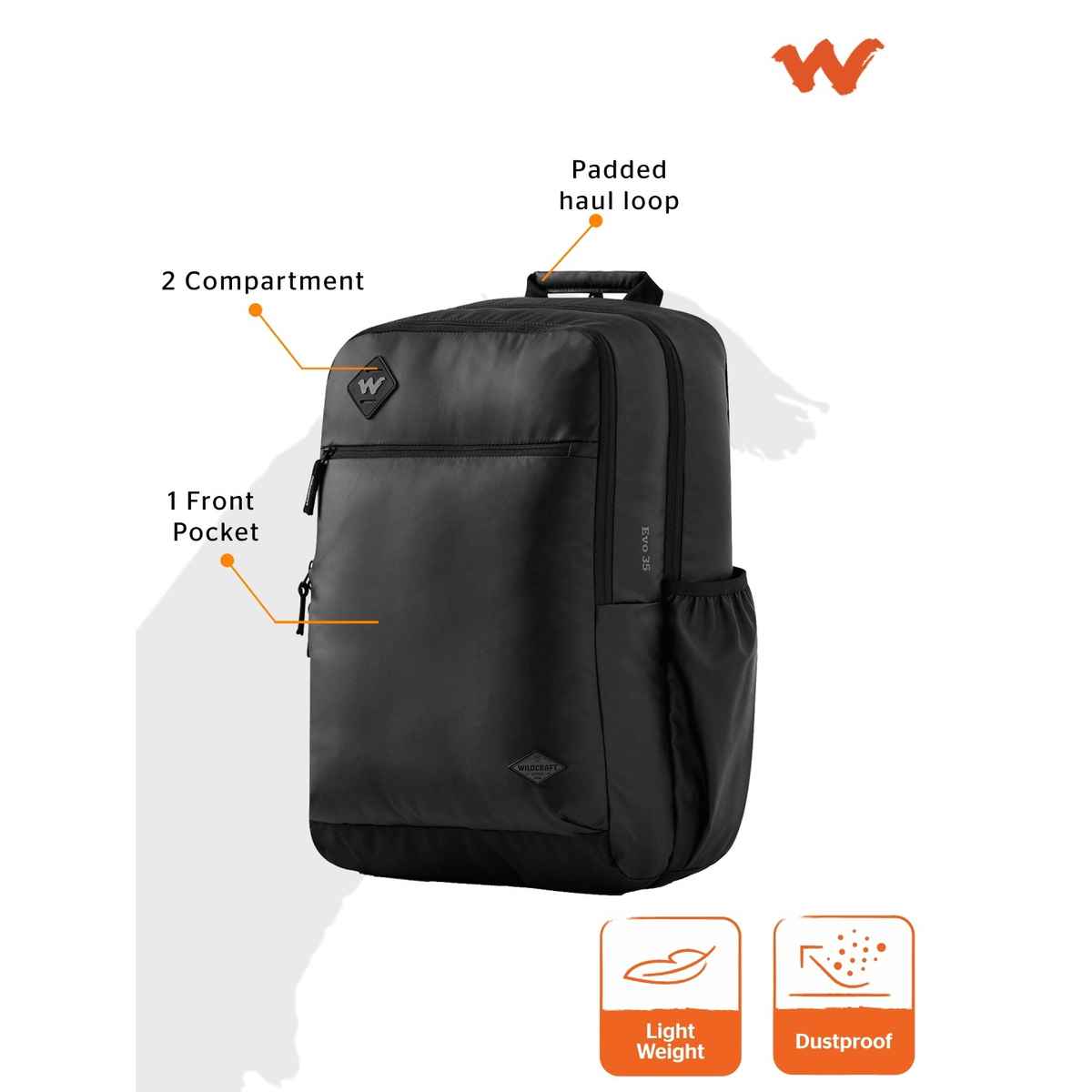 Wildcraft Unisex Polyester 35 L Padded Grab Handle Backpack | Black