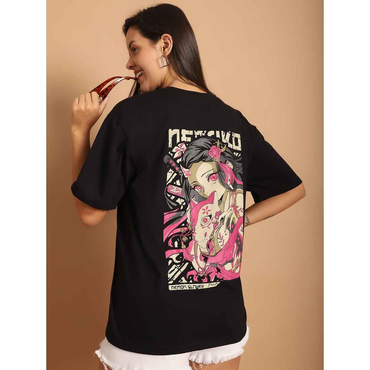 Fabflee Women Oversize Cotton Printed Round Neck Tshirt | Black | FAB-OS-512 | S