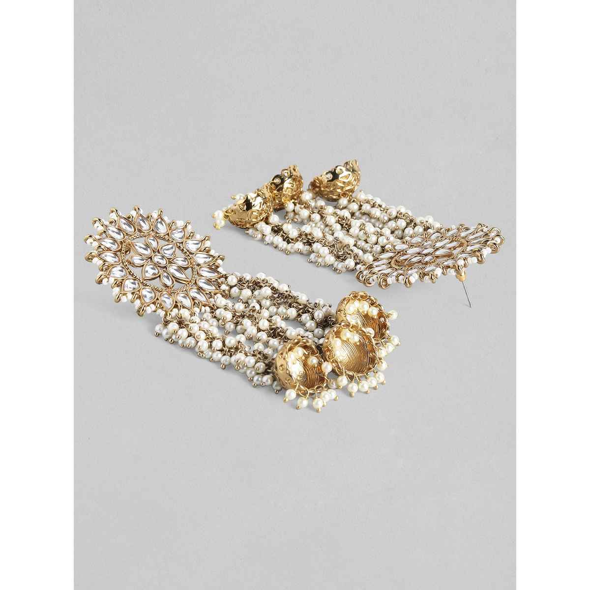 Rubans 22K Gold Plated Handcrafted Kundan Studded Floral Design 3-Layered Jhumkas Earrings