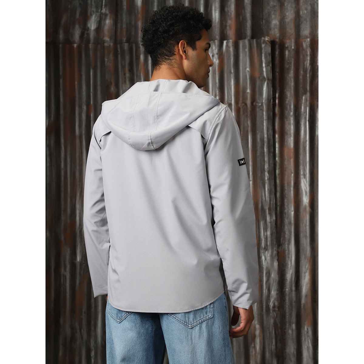 High Star Men's Windcheater Light Winters Hooded Bomber With Badge Detail Jacket | Gray - S