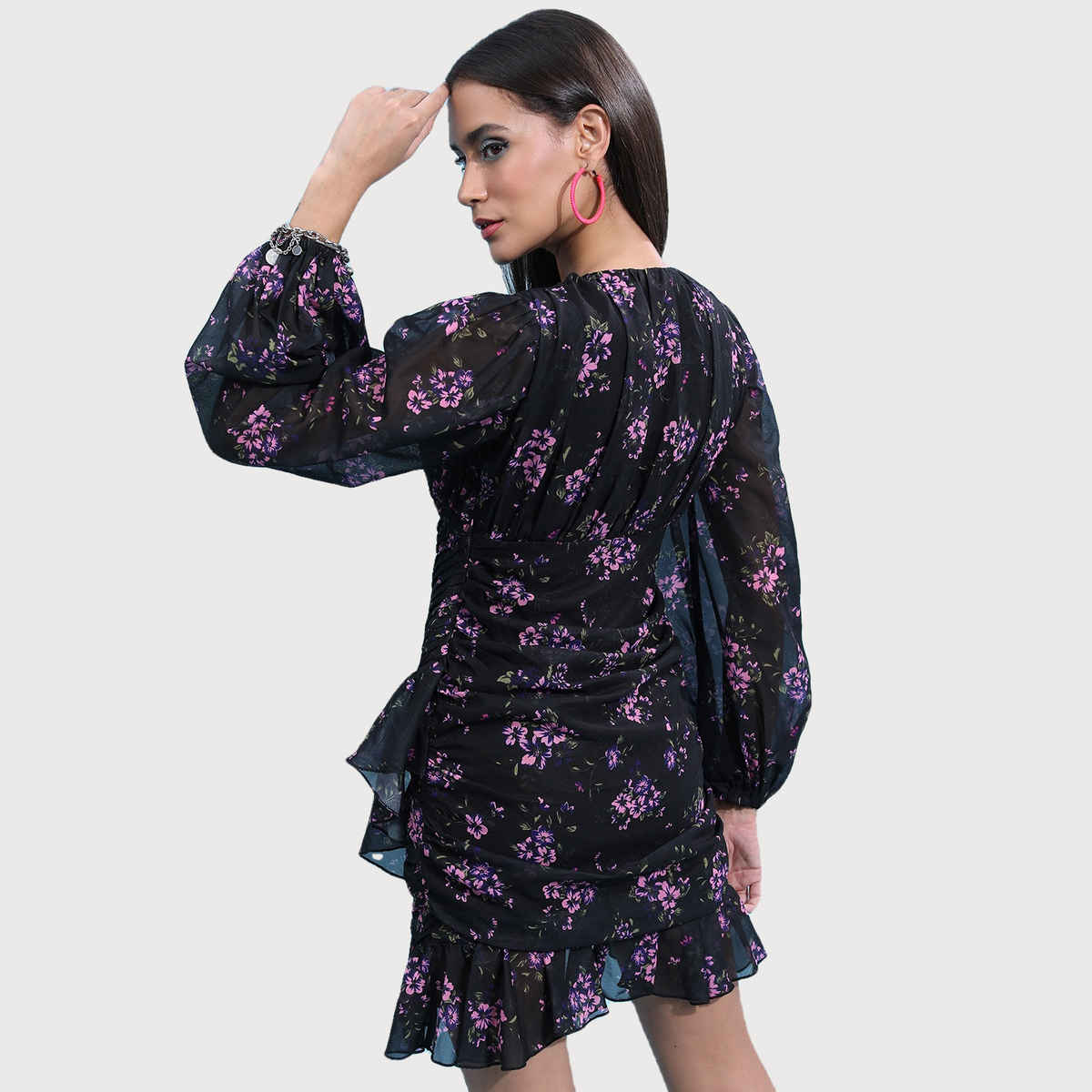 Ketch Women Black Floral Printed Puff Sleeve Gathered Or Pleated Wrap Dress | Black | L