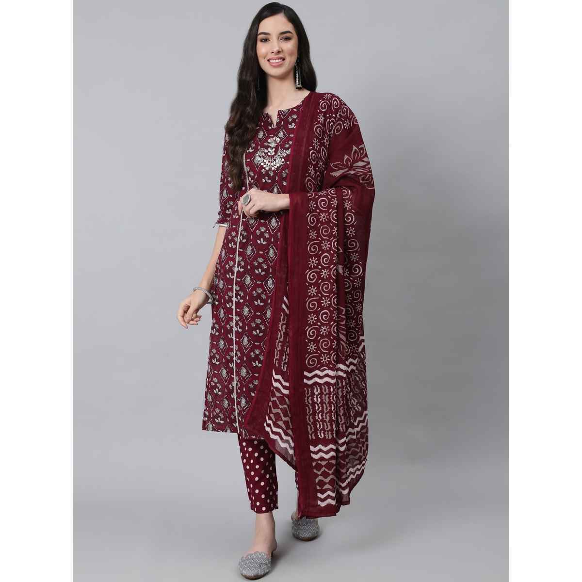Anubhutee Women's Ethnic Motifs Thread Work Pure Cotton Kurta with Trousers & Dupatta | Maroon - M