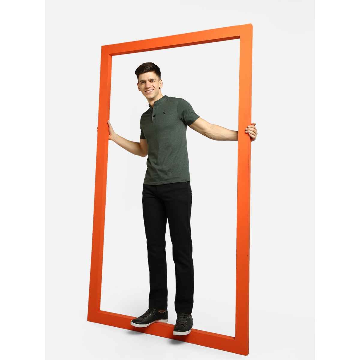 Urbano Fashion Men's Slim Fit Solid Mandarin Collar Half Sleeve Cotton T-Shirt | Green Melange - XL