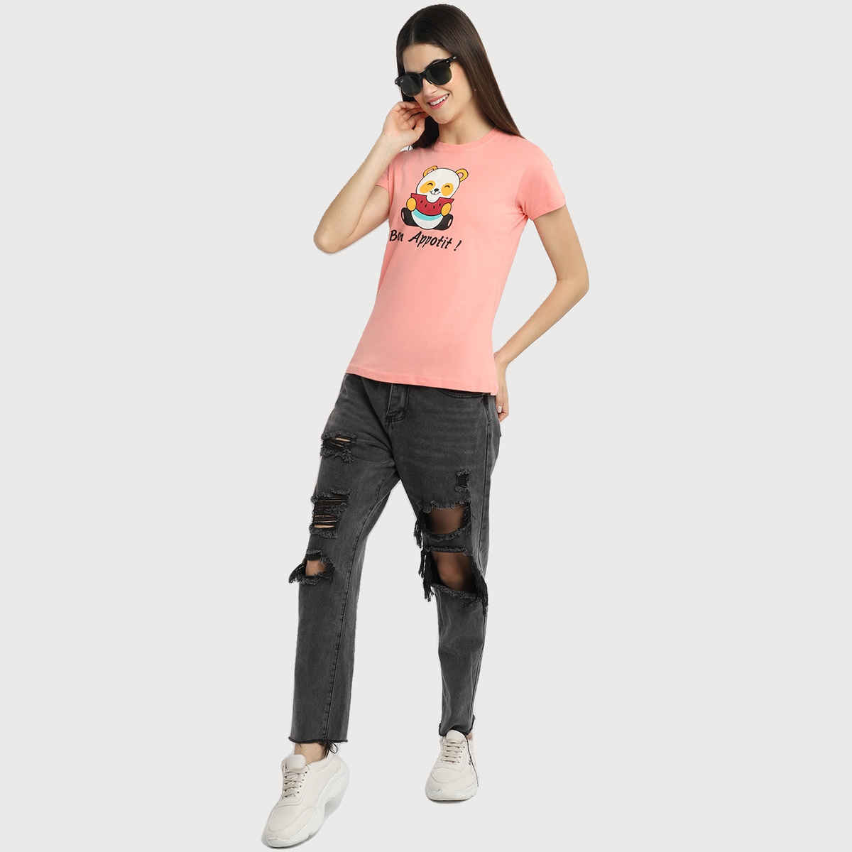 Fabflee Women Regular Cotton Printed Round Neck Tshirt | Peach | FAB-WT-36 | S