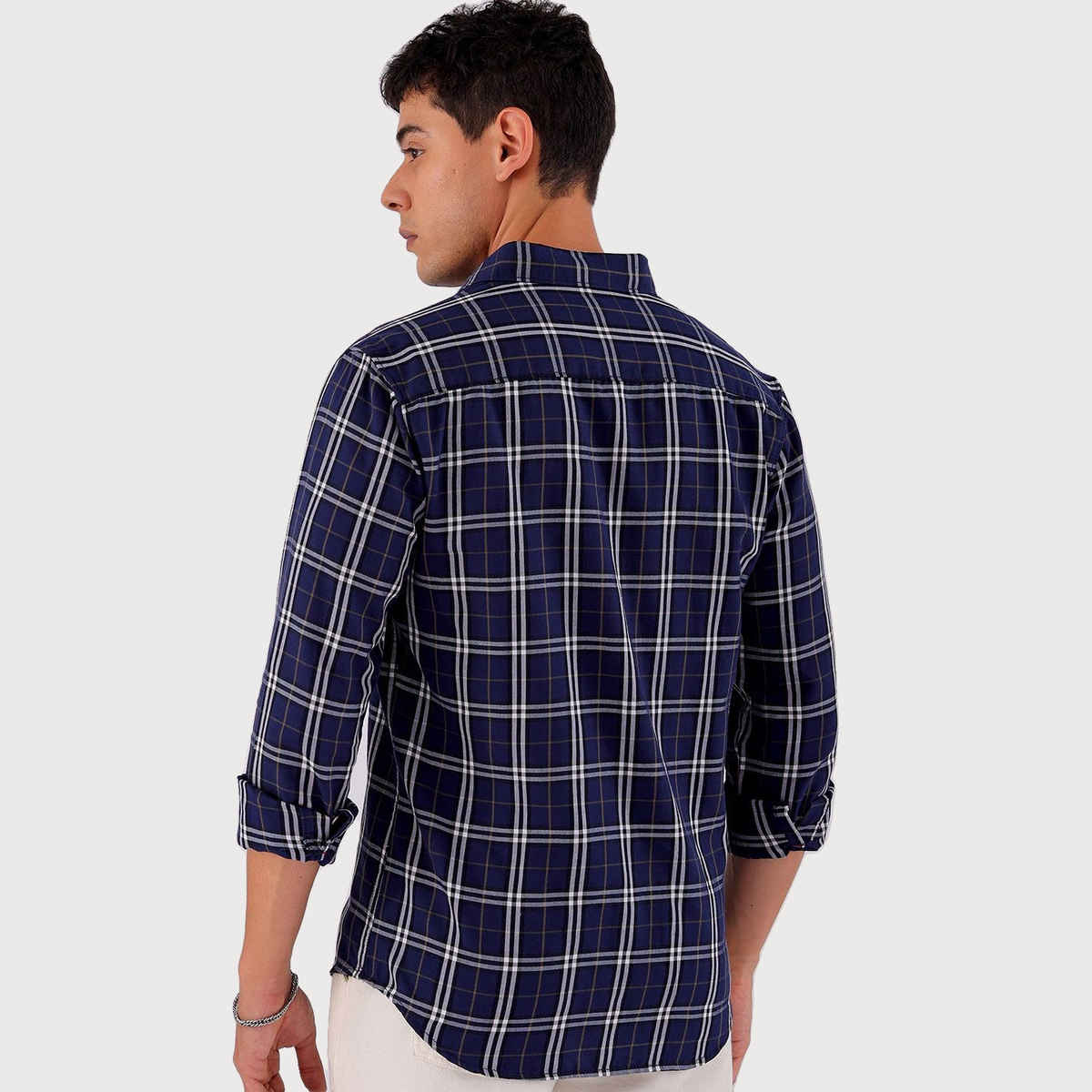 The Indian Garage Co Men's Slim Fit Checkered Casual Shirt | Navy Blue - S