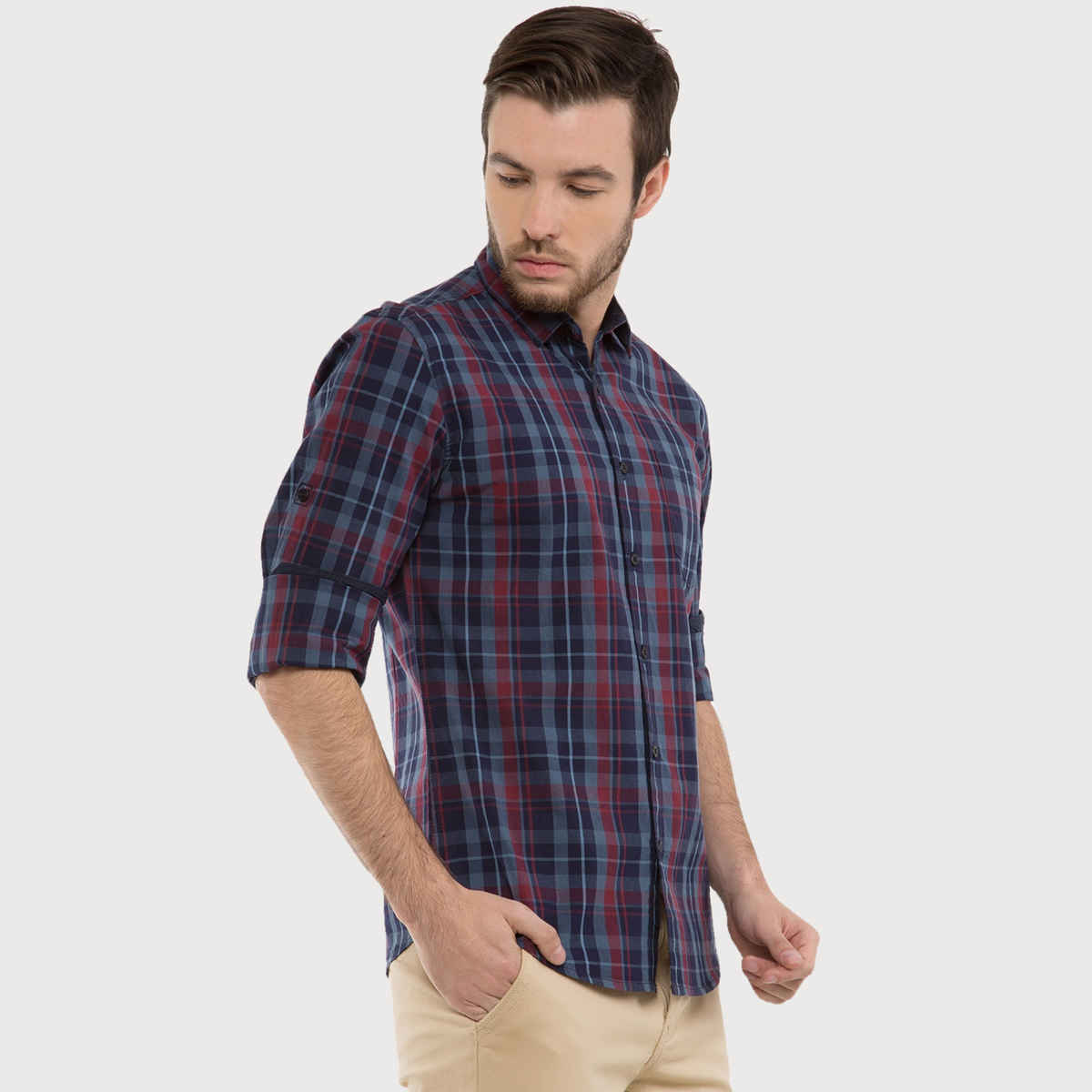 Highlander Men's Slim Fit Checked Casual Shirt - Navy Blue and Lt Blue | M