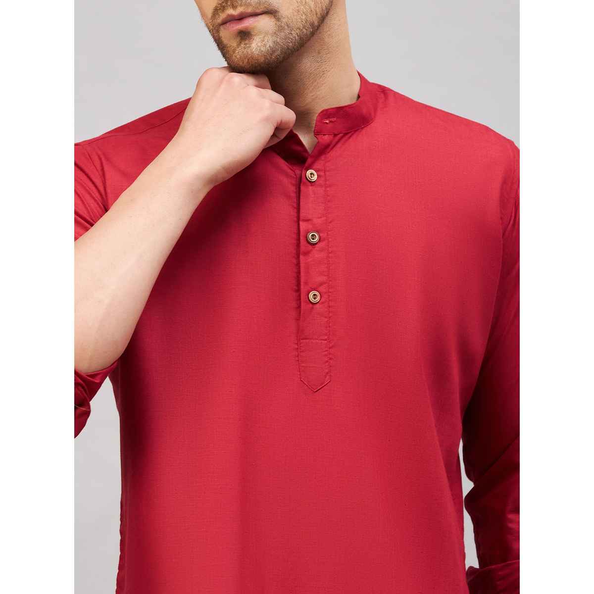 Vastramay Men's Cotton Blend Short Kurta for Eid | Maroon - XL