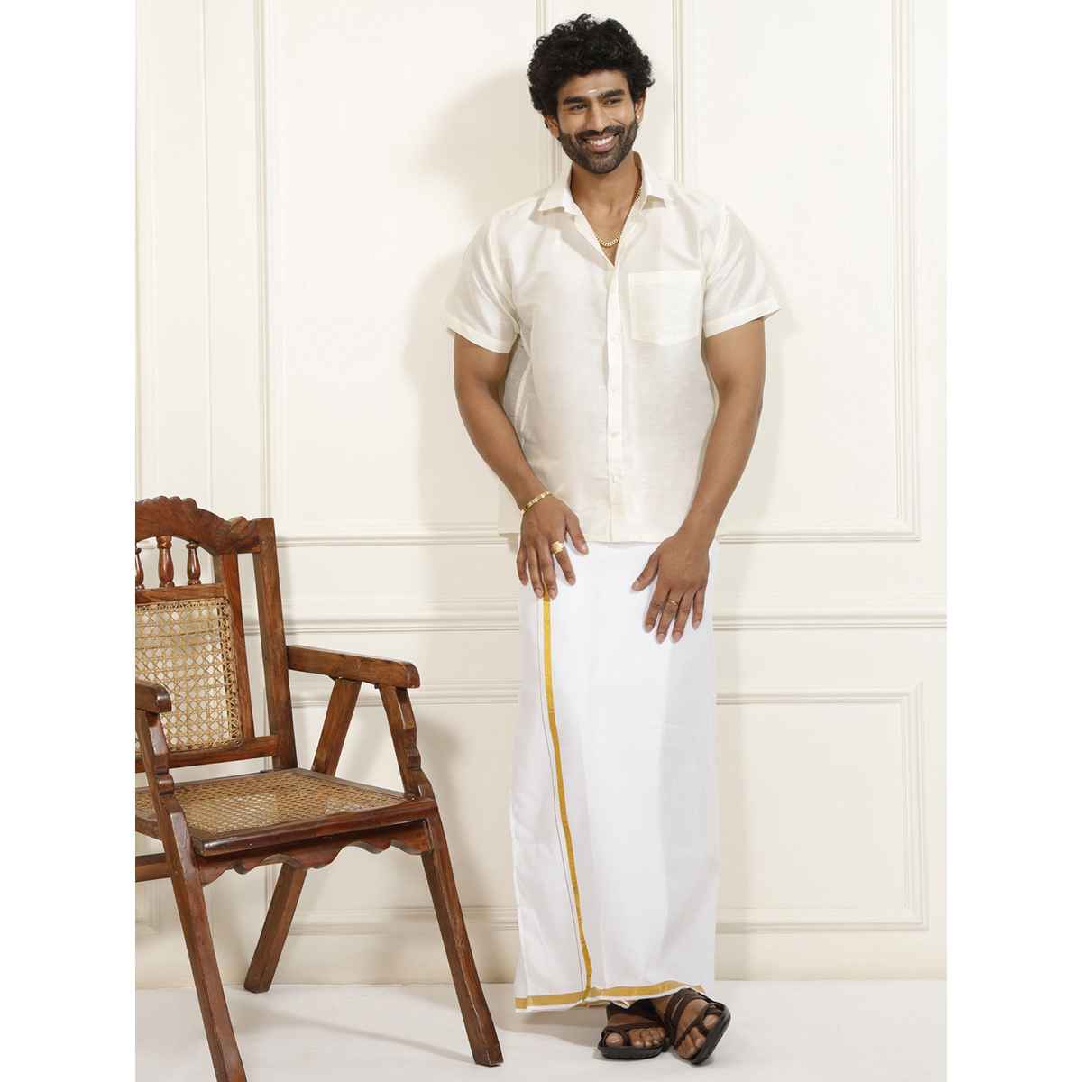 Vastramay Mens Silk Blend Casual Shirt | Cream Short Sleeve Elegant Fit with Patch Pocket - M