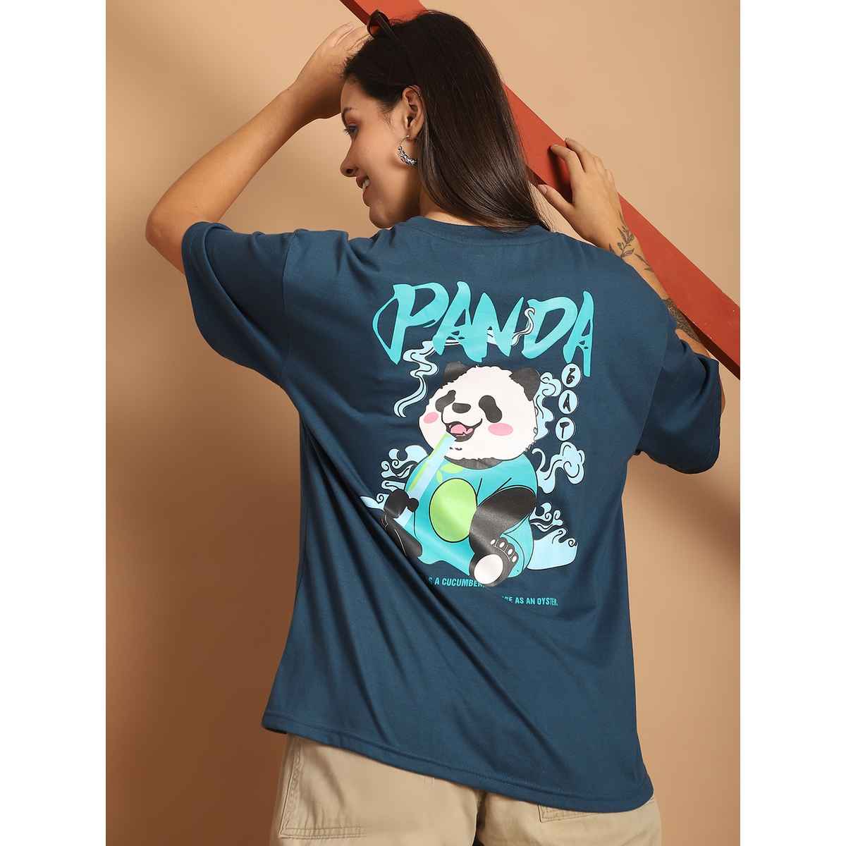 Fabflee Women Oversize Cotton Printed Round Neck Tshirt | Blue | FAB-OS-503 | L