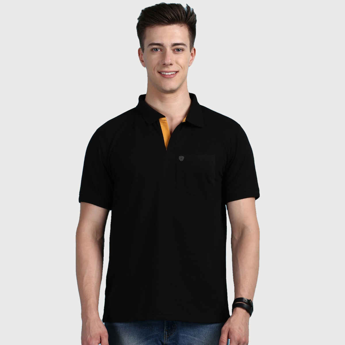 Lux Cozi Men's Solid Cotton Polo T-shirt with Pocket | Black - S