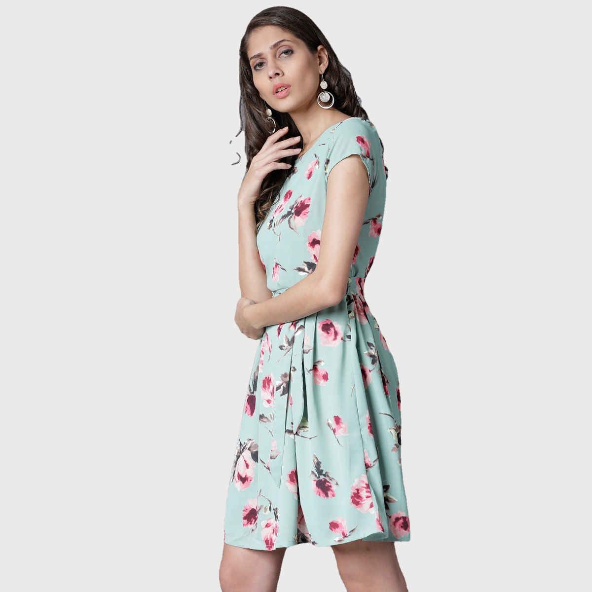 Tokyo Talkies Women's Digital Printed Georgette Fit And Flare Dress | Green - M