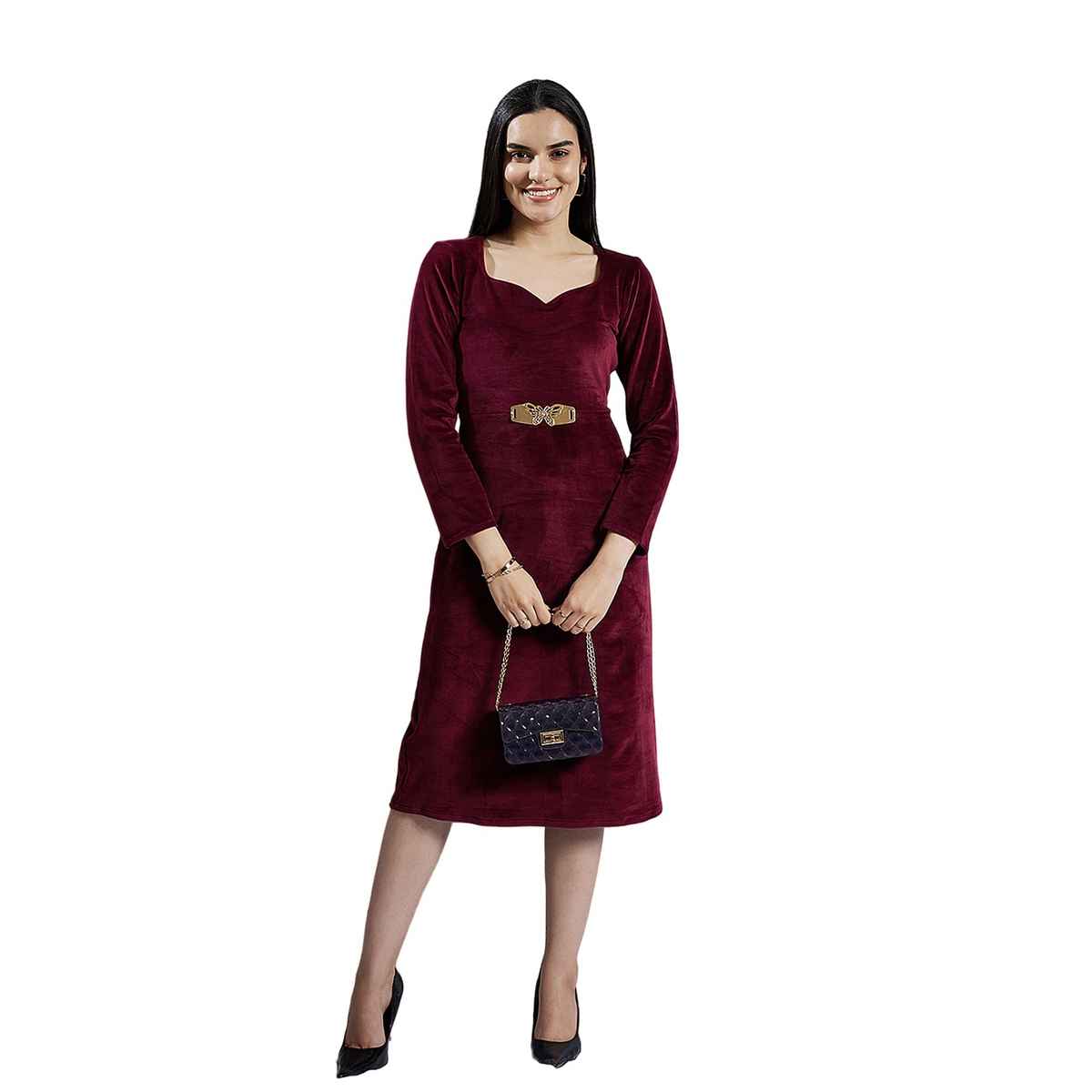 Athena Women's Sweetheart Neck Embellished Detailed A-Line Midi Dress | Maroon - S