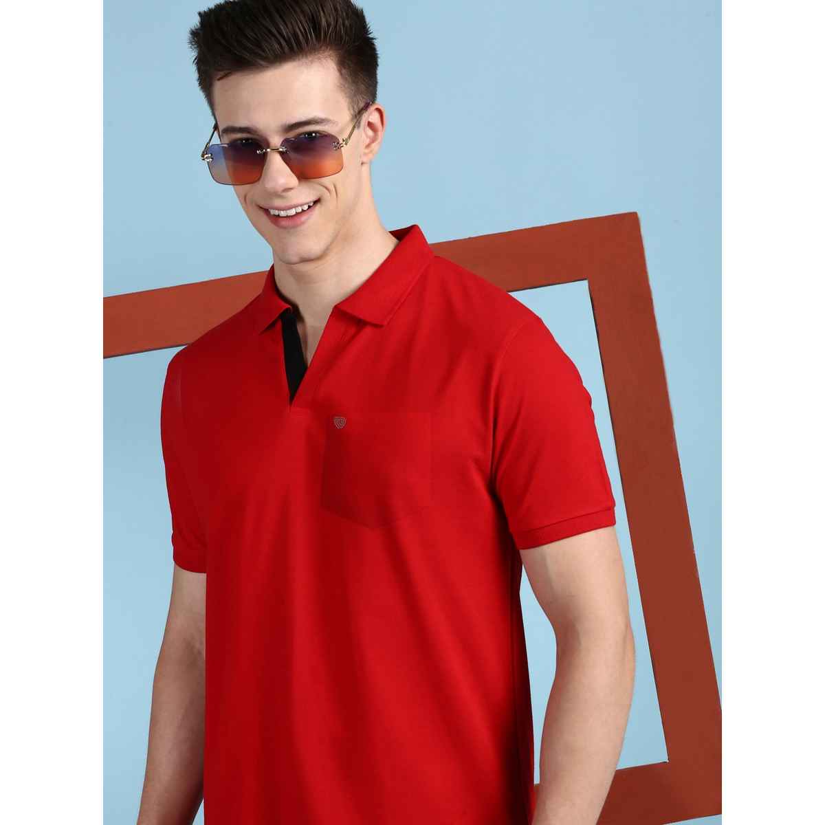 Lux Cozi Men's Solid Cotton Polo T-shirt with Pocket | Red - L