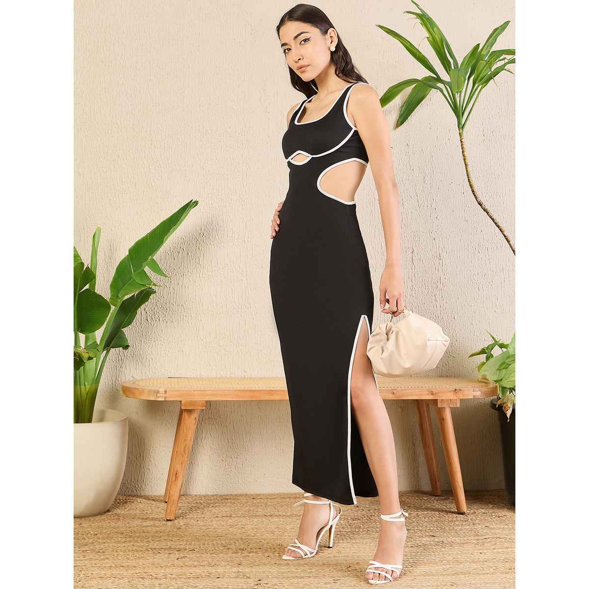 Uptownie Women's Contrast Knitted Midi Dress | 120018732 | Black - XL